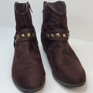 Life Stride 8.5M Brown Suede Ankle Boot Gold Stud Strap Zip Comfort Western